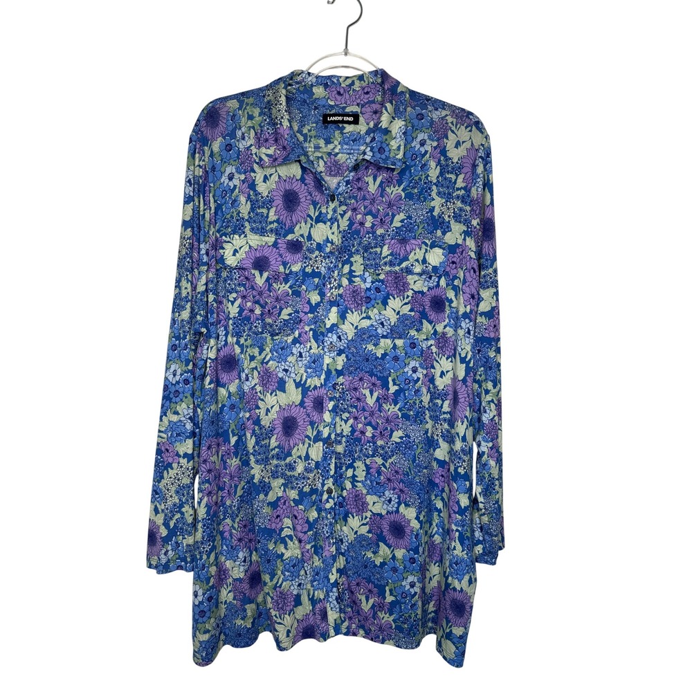 Lands End Button Down Shirt Size 2X Blue Purple Floral Long Sleeve Tunic Pocket
